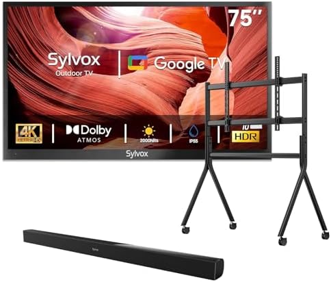 SYLVOX Outdoor TV with Rolling Stand & Soundbar, 75 inch 2000 Nit Full Sun Smart TVs, Sunlight Readable, IP56 Waterproof, 4K TV for Outdoor Households or Commercial Places