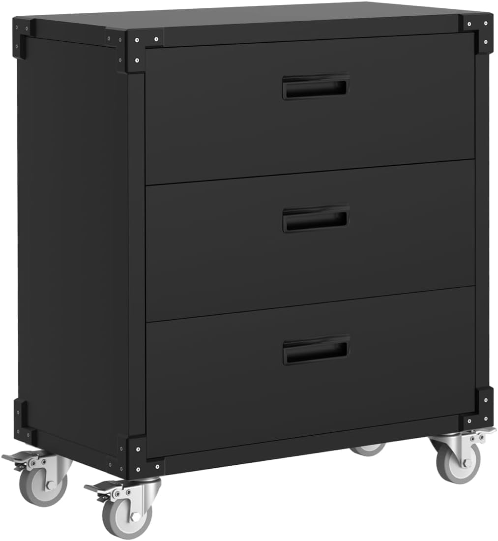 Metal Storage Cabinet with 3 Drawers on Wheels – Heavy Duty Mobile Rolling Tool Cart and Tool Chest for Garage, Workshop, Home, Office, Warehouse - Black