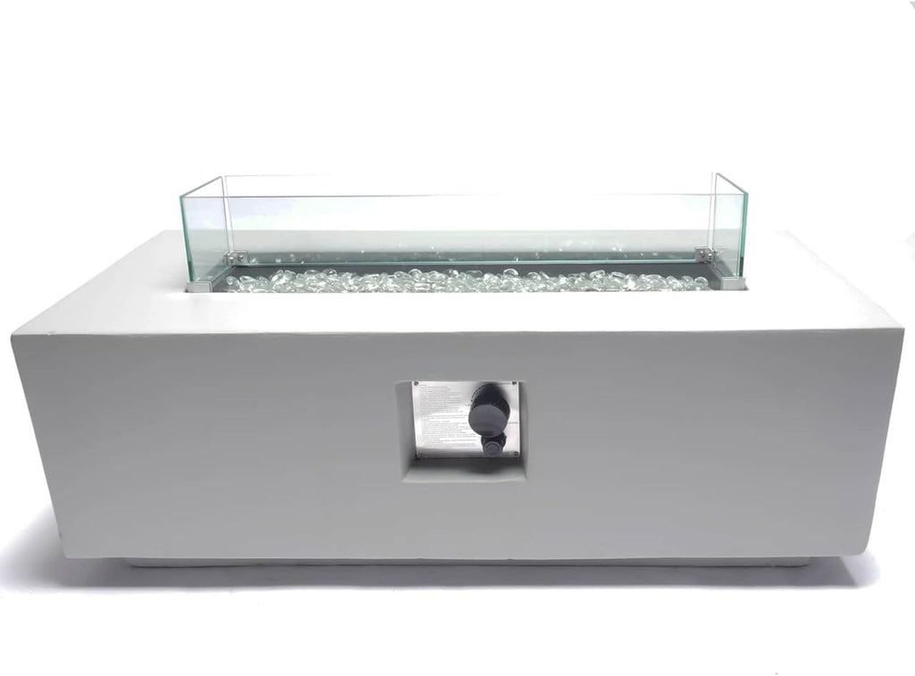Bluegrass Living 42 Inch x 15 Inch Rectangular MGO Propane Fire Pit Table with Side Table Tank Storage, Glass Wind Guard, Crystal Glass Beads, Fabric Cover - Model# DFT42R-CG