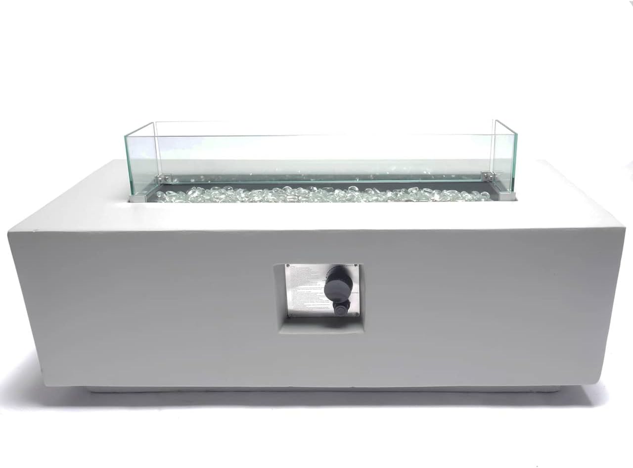 Bluegrass Living 42 Inch x 15 Inch Rectangular MGO Propane Fire Pit Table with Side Table Tank Storage, Glass Wind Guard, Crystal Glass Beads, Fabric Cover - Model# DFT42R-CG