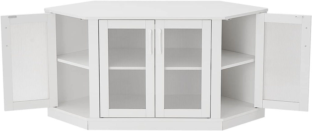 Panana Corner TV Stand - 47 Inch Media Console with 4 Doors and Shelves, Living Room Storage for TVs up to 51 Inch (White)