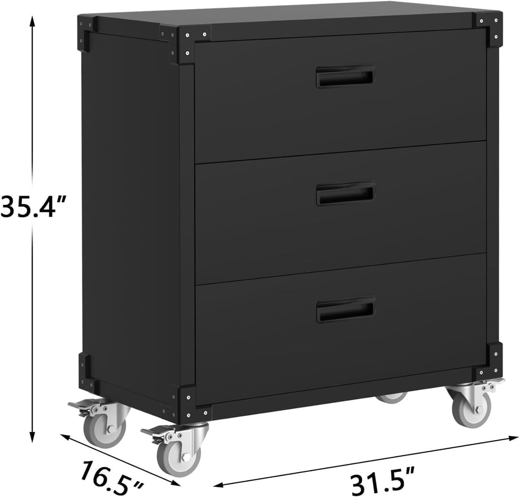 Metal Storage Cabinet with 3 Drawers on Wheels – Heavy Duty Mobile Rolling Tool Cart and Tool Chest for Garage, Workshop, Home, Office, Warehouse - Black