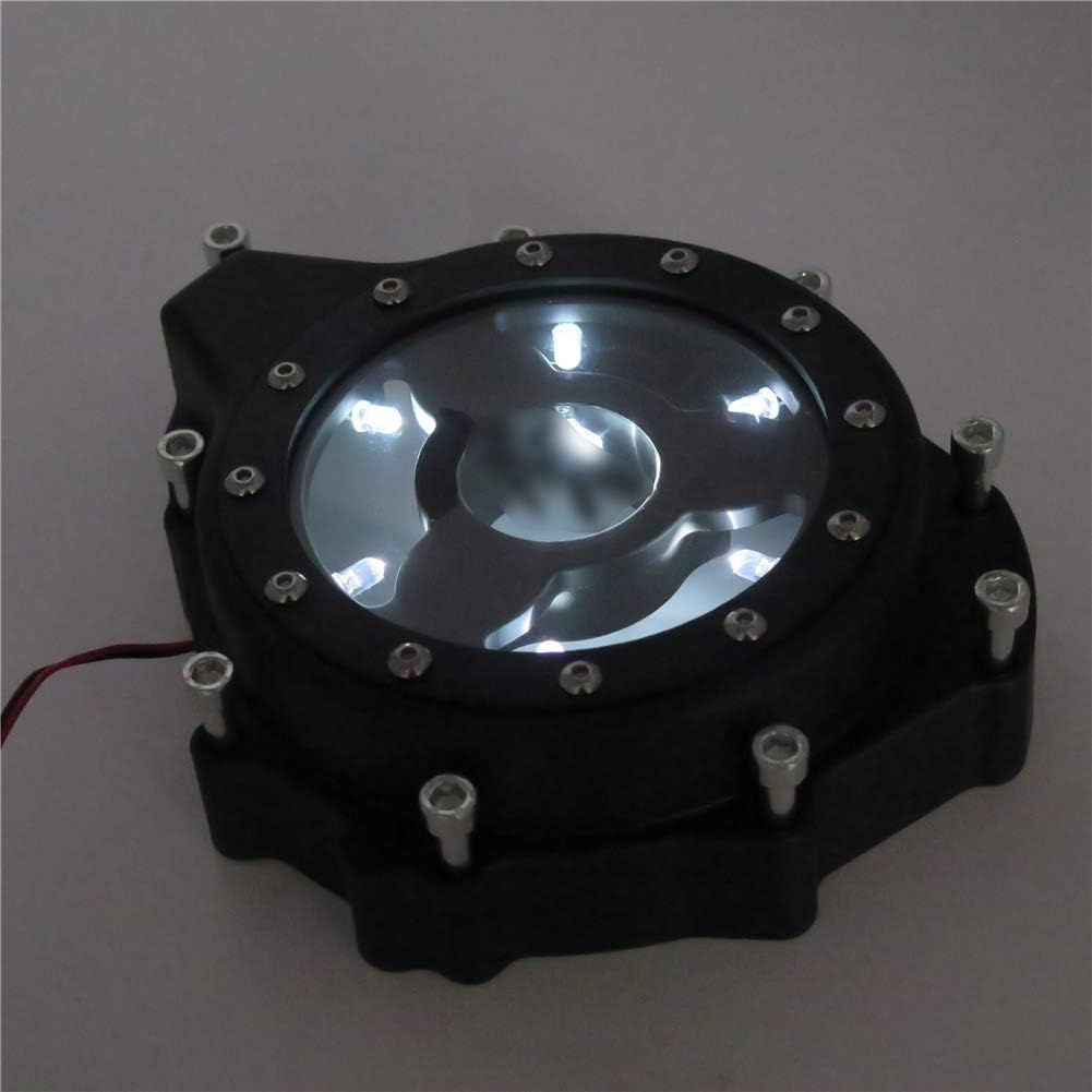 AfterMokit Replacement See Through Engine Stator Generator Cover with White Led for Suzuki GSX1300R Hayabusa 1999-2019 Black Crankcase Cover with Engraved Black Kanji