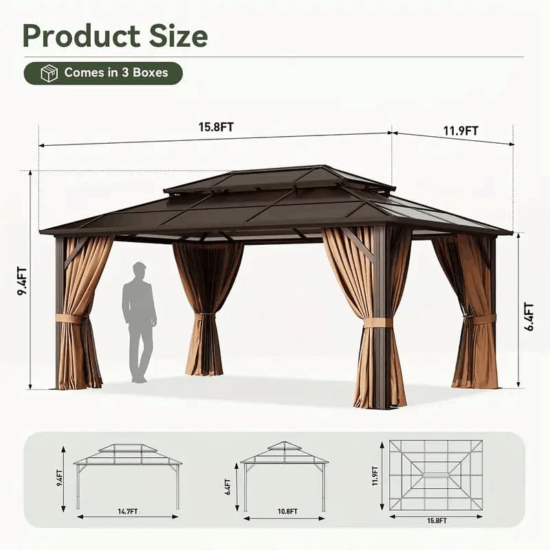Hardtop Gazebo 12x16FT Hardtop Gazebo, Aluminum Frame Permanent Pavilion with Curtains and Netting, Outdoor Polycarbonate Gazebo, Double Roof Canopy, for Gardens, Patios, Lawns