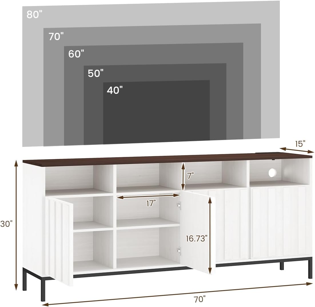 COCO DESIGN 70' Fluted TV Stand with Power Outlet for TVs up to 80', Modern Entertainment Center with Adjustable Shelves, Media Console Table with Storage for Living Room, White