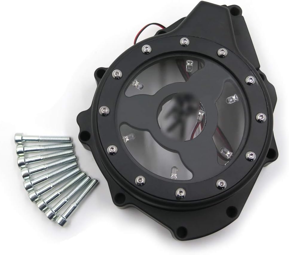 AfterMokit Replacement See Through Engine Stator Generator Cover with White Led for Suzuki GSX1300R Hayabusa 1999-2019 Black Crankcase Cover with Engraved Black Kanji