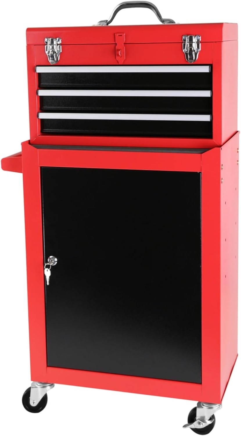 Tool Cart Rolling Garage Workshop Tool Detachable 3 Drawer Rolling Tool Chest with Large Storage Cabinet and Adjustable Shelf Red
