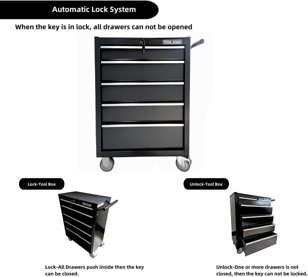 Tool Cabinet Tool Cart 24.2inch with 5 Drawers and Wheels, Metal Rolling Tool Box Locked Drawers Storage Organizer Cabinet with Black Color for Garage, Warehouse, Repair Shop, Workshop