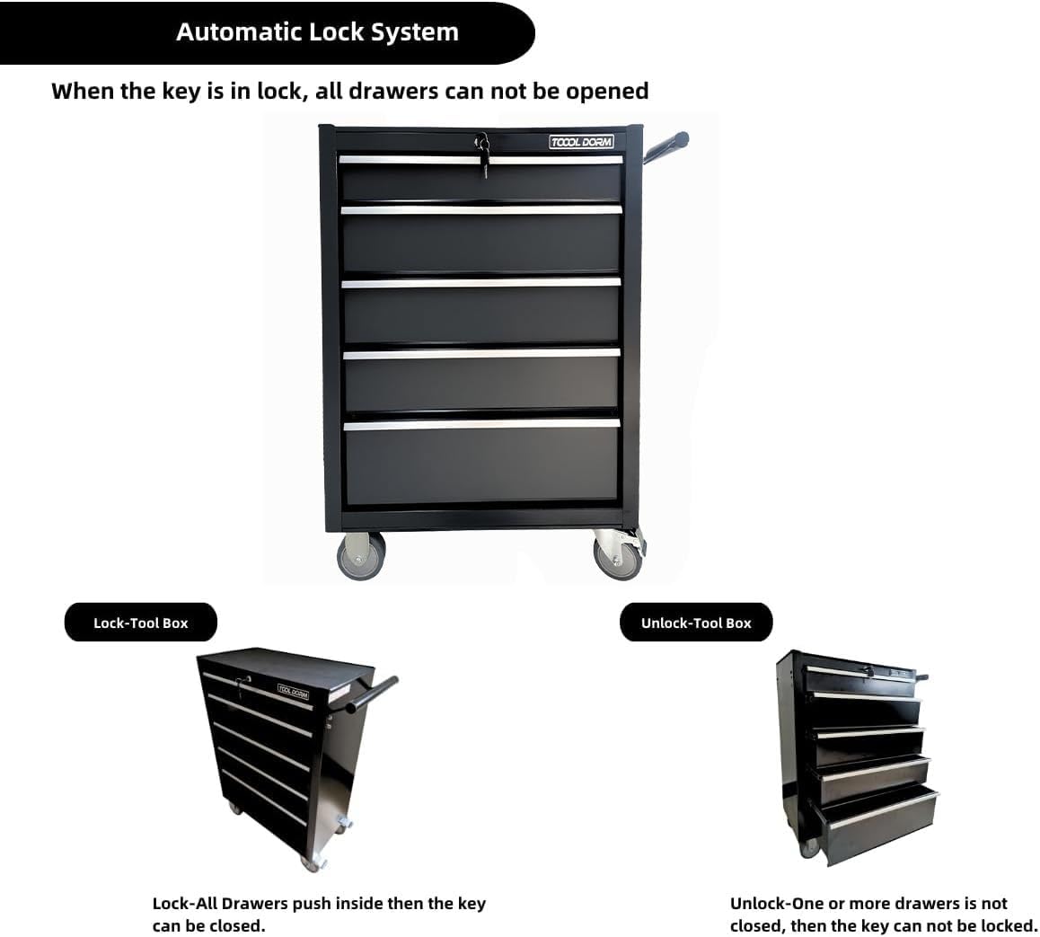 Tool Cabinet Tool Cart 24.2inch with 5 Drawers and Wheels, Metal Rolling Tool Box Locked Drawers Storage Organizer Cabinet with Black Color for Garage, Warehouse, Repair Shop, Workshop