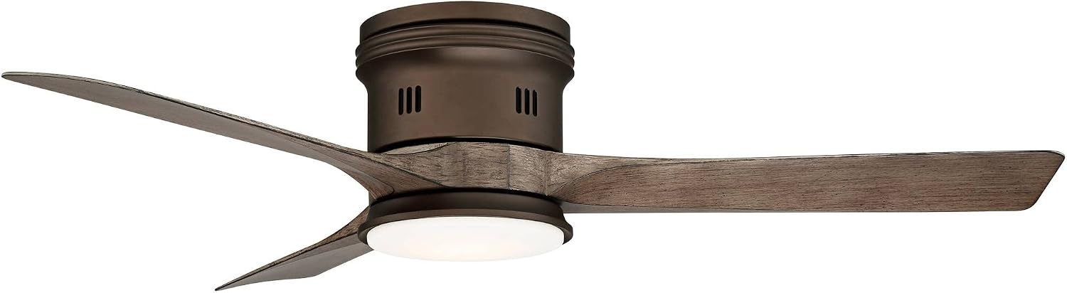 Casa Vieja 54' Salerno Modern Industrial Hugger Low Profile 3 Blade Indoor Outdoor Ceiling Fan with Light LED Remote Bronze Wood Opal Glass Damp Rated for Cottage Core Patio Exterior House Porch