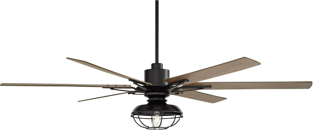 Casa Vieja 72' Expedition Modern Industrial Rustic Outdoor Ceiling Fan with LED Light Remote Control Matte Black Oak Wood Cage Damp Rated for Patio Exterior House Home Porch Gazebo Garage