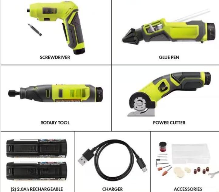FVK102K2 Fits for RYOBI 4-Tool Combo Kit with Screwdriver, Glue Pen, Rotary Tool, Power Cutter, (2) Batteries, and Charger