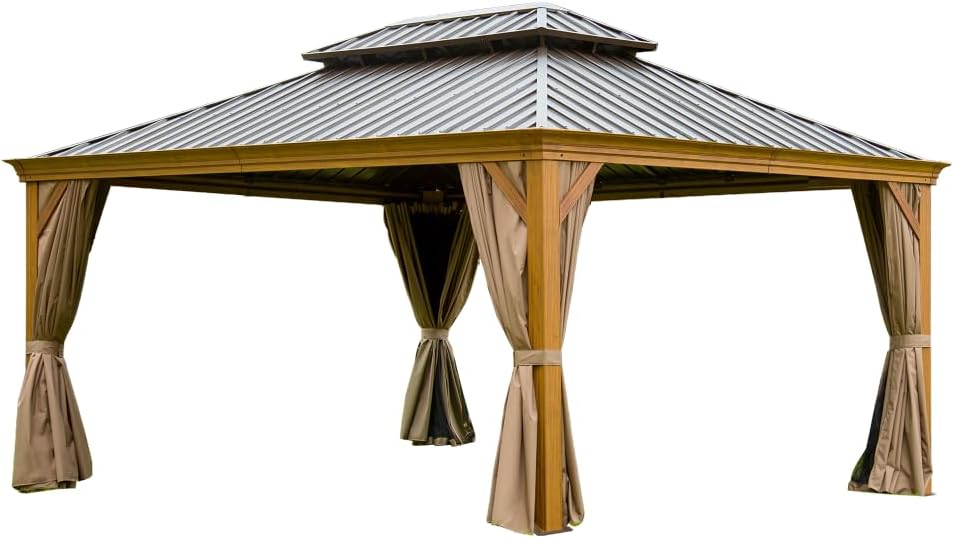 12x16 ft Hardtop Gazebo with Double Roof Canopy for Backyard Patio Deck Outdoor Use Aluminum Frame with Wood Grain Finish