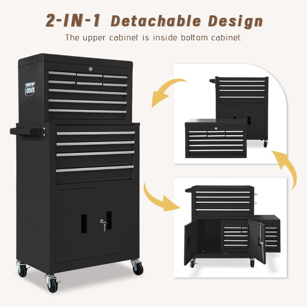 13-Drawer Double Doors Handle Rolling Tool Chest, 2 in 1 Detachable Rolling Tool Chests, Large Tool Boxes with Lock, Metal Standing Tool Cabinet for Garage Workshop(Black)