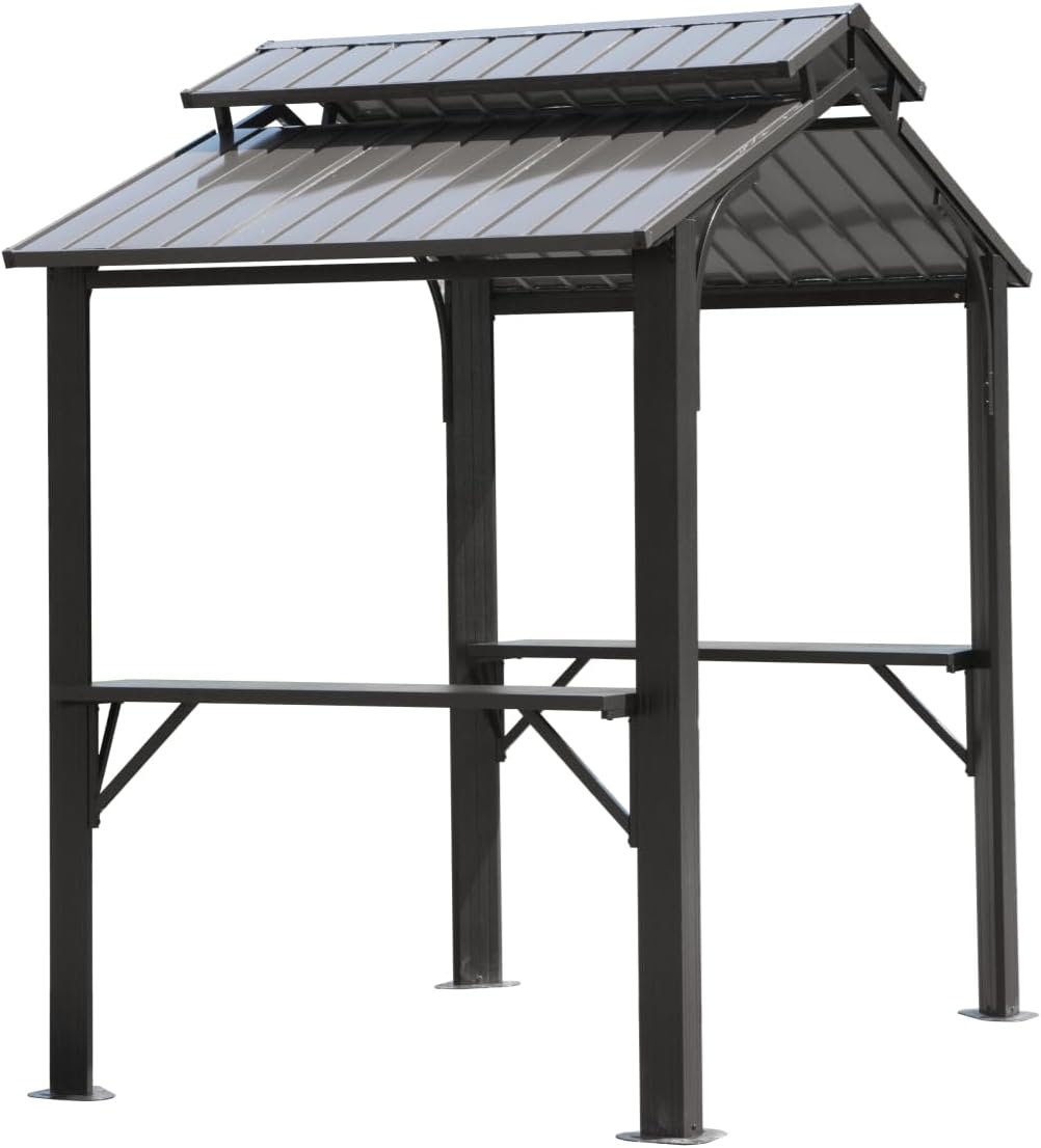【LuckyNote】8×5FT Hardtop Grill Gazebo, Outdoor BBQ Gazebo w/Galvanized Steel Double Roof, Permanent Sun Shade Grill Canopy Shelter with 2 Side Shelves and Ceiling Hook for Patio Deck,2 parcels (Grey)