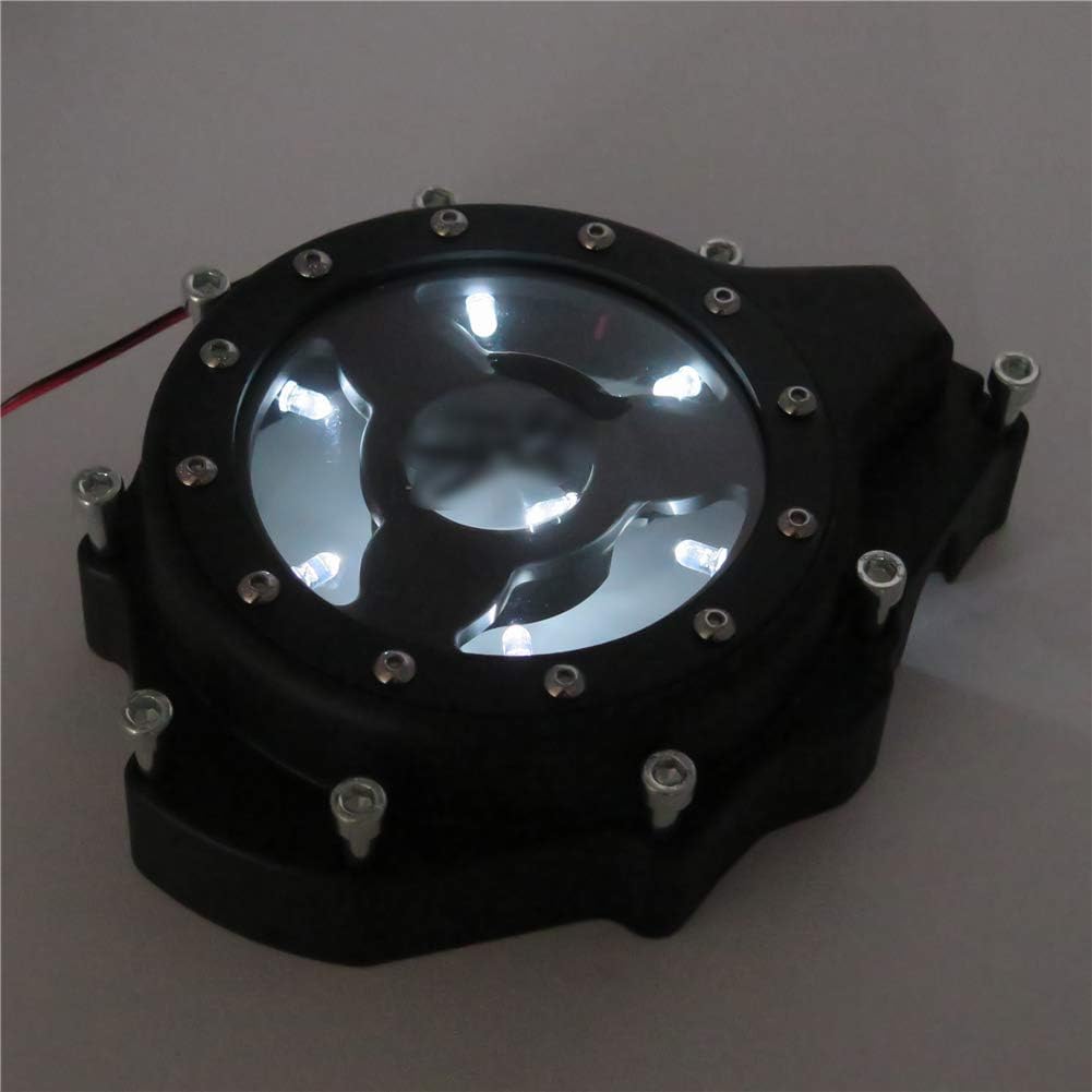 AfterMokit Replacement See Through Engine Stator Generator Cover with White Led for Suzuki GSX1300R Hayabusa 1999-2019 Black Crankcase Cover with Engraved Black Kanji