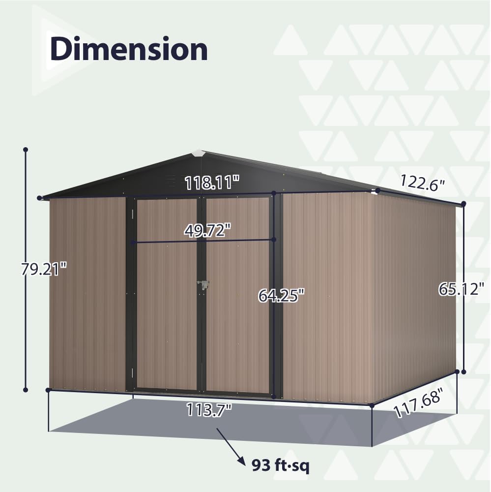 Large Outdoor Storage Shed 10x12 FT, Heavy-Duty Metal Garden Tool Organizer with Lockable Doors and Weather-Resistant Roof for Backyard (10x10 ft Brown)