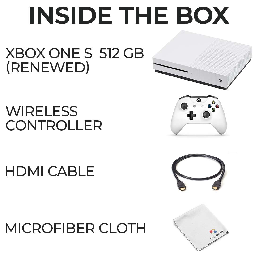 Zeust Xbox One S 512GB Console Bundle - Includes the Xbox One S 500 GB Console White, 1 Wireless Controller, HDMI Cable, and Microfiber Cloth - Compact Digital Gaming Kit (Renewed)