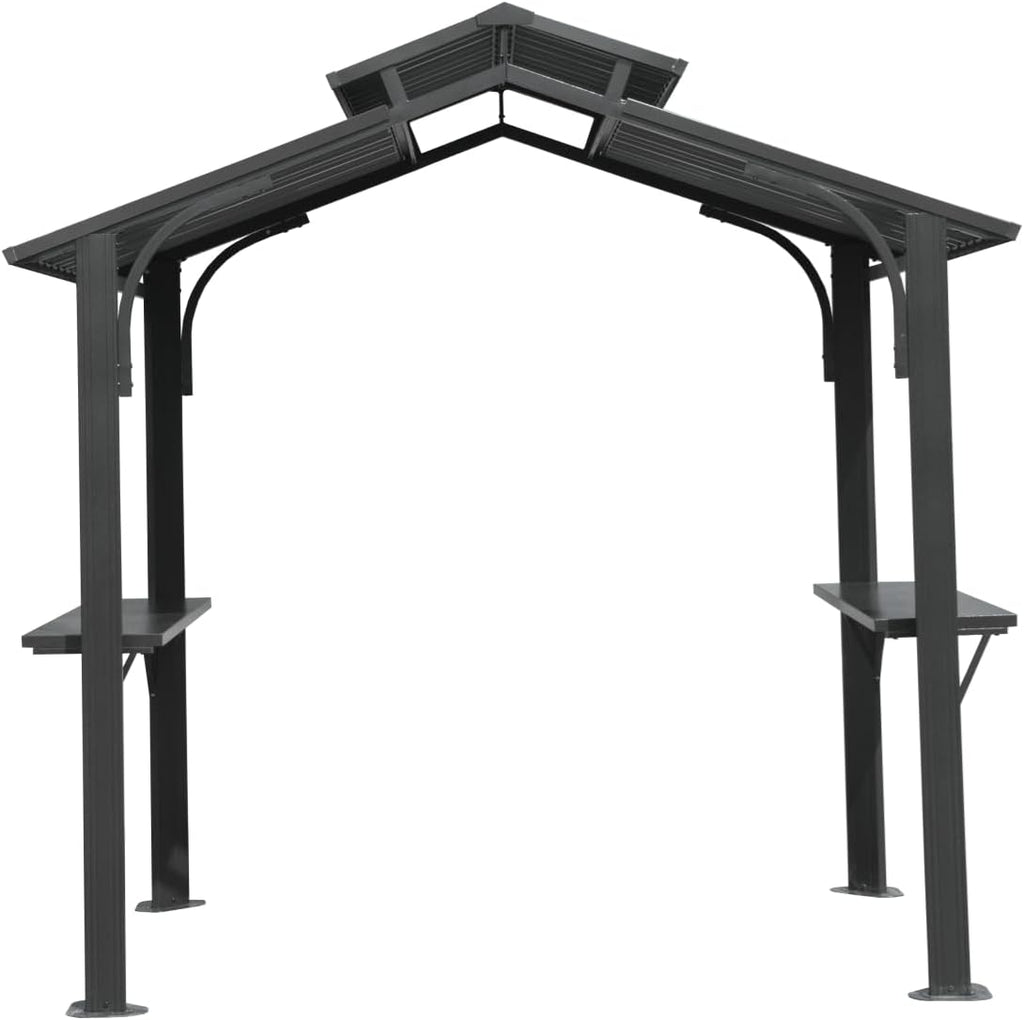 【LuckyNote】8×5FT Hardtop Grill Gazebo, Outdoor BBQ Gazebo w/Galvanized Steel Double Roof, Permanent Sun Shade Grill Canopy Shelter with 2 Side Shelves and Ceiling Hook for Patio Deck,2 parcels (Grey)