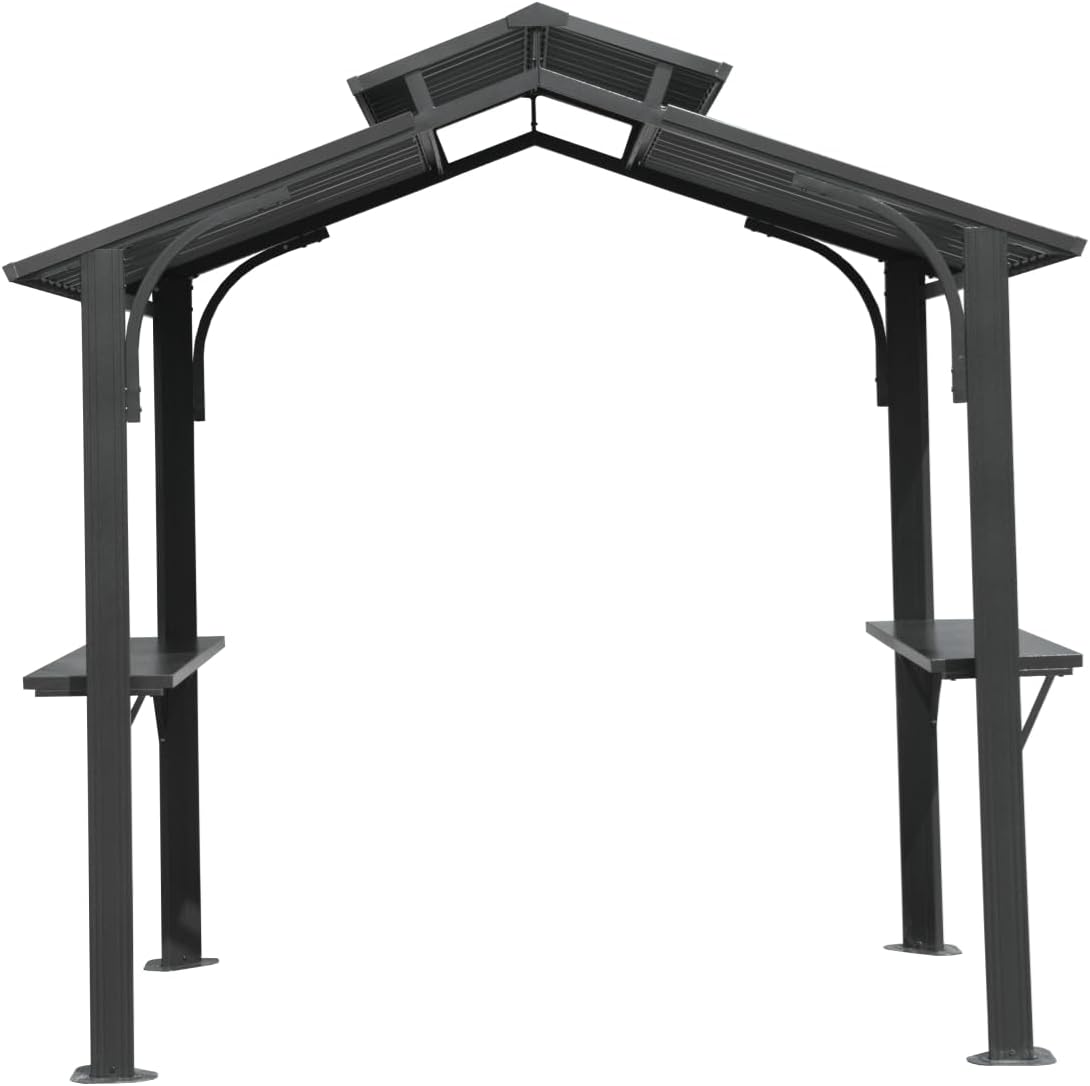 【LuckyNote】8×5FT Hardtop Grill Gazebo, Outdoor BBQ Gazebo w/Galvanized Steel Double Roof, Permanent Sun Shade Grill Canopy Shelter with 2 Side Shelves and Ceiling Hook for Patio Deck,2 parcels (Grey)