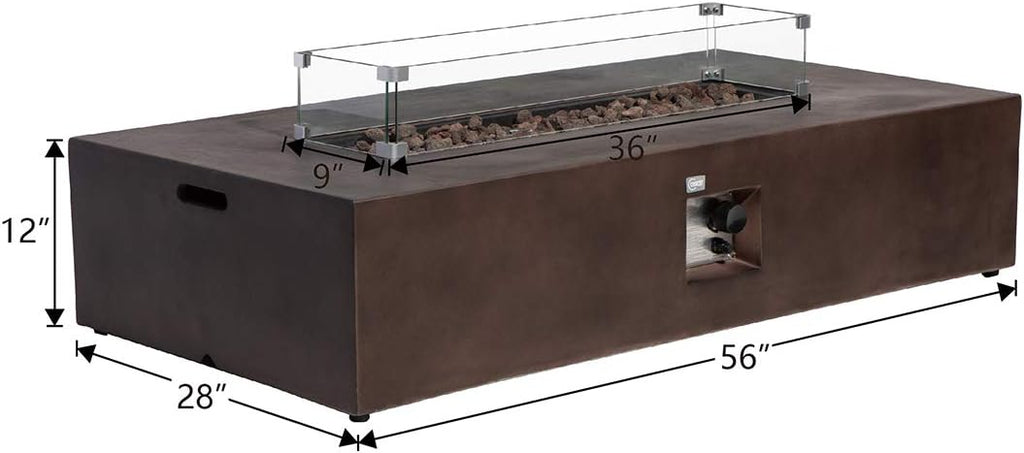 COSIEST Outdoor Propane Fire Pit Table 56' x 28' Rectangle Bronze Compact Concrete-Like Finish, Certified, 50,000 BTU,Wind Guard, Tank Outside, Free Lava Rocks, Fits 20lb Tank Outside, Raincover