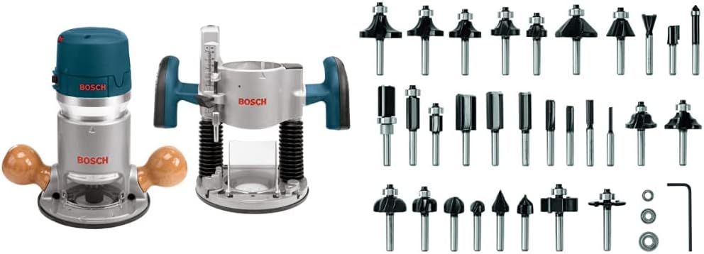 BOSCH 1617EVSPK Wood 12 Amp Router Tool Combo Kit - 2.25 Horsepower Plunge Router & Fixed Base with a Variable Speed&BOSCH 30 pc. Carbide-Tipped Wood Router Bit Set