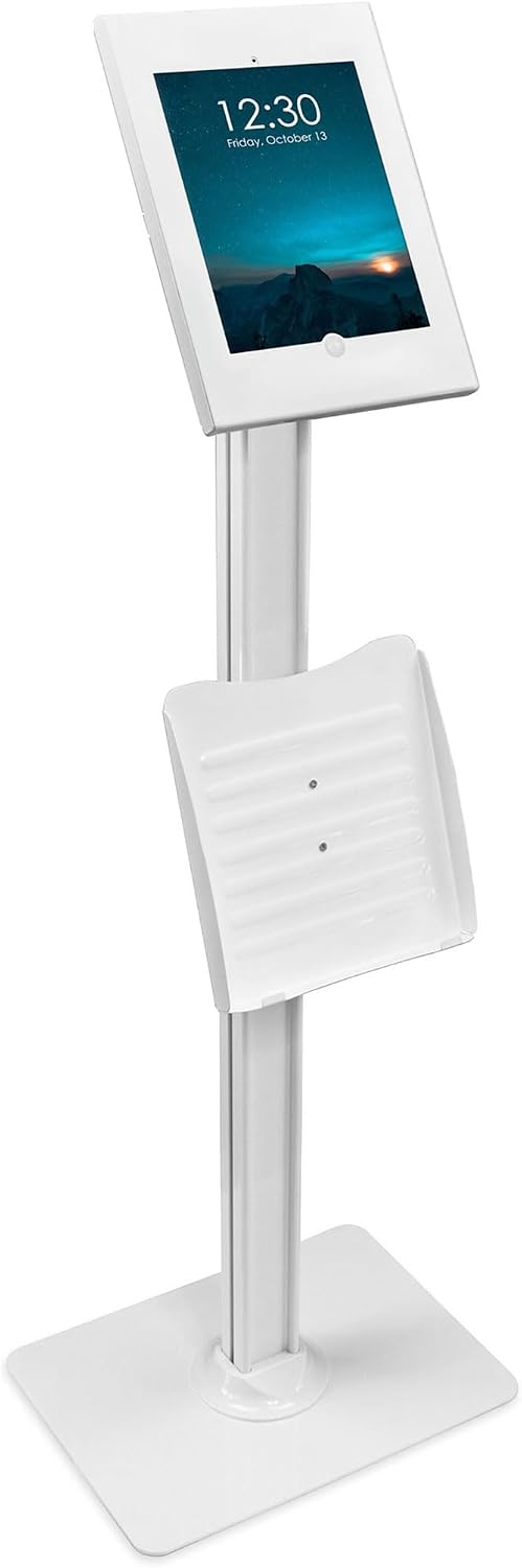 Mount-It! Anti-Theft iPad Tablet Floor Stand Kiosk with Literature Holder, Lockable Enclosure for iPad Gen 7–11, Pro & Air (A16), 90° Rotation & 75° Tilt, Commercial Kiosk Stand, Bolt Down Base, White