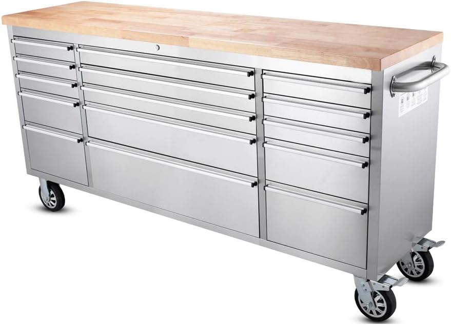 72' Stainless Steel Rolling Tool Chest with 15 Drawers, Lockable Storage Cabinet, Mobile Workbench, Assembled Large Tool Box with Wheels for Garage Workshop (1 × HTC7215W1)