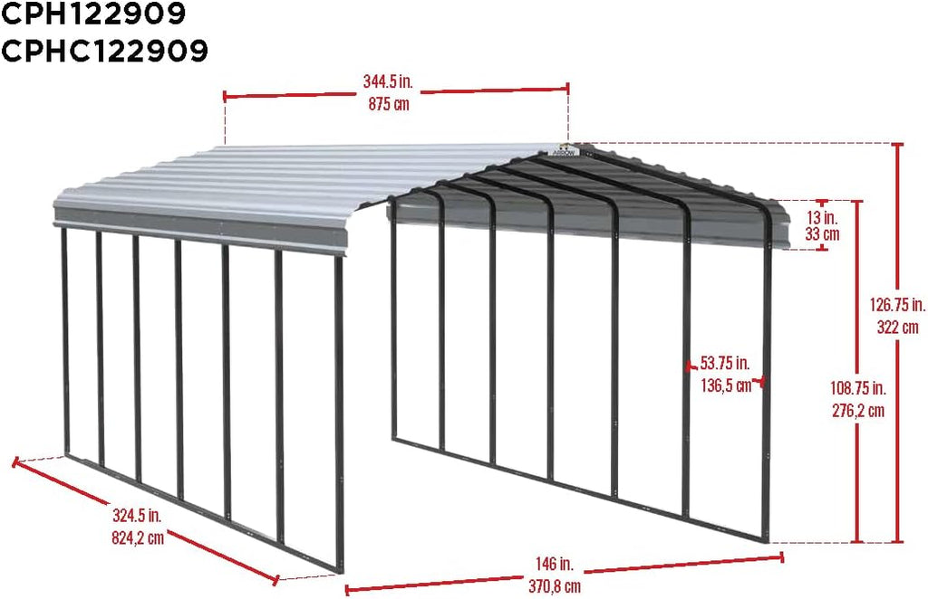 Arrow Carports Full-Size Galvanized Steel Carport Kit, Wind and Snow Rated, Corrosion-Resistant Powder-Coated Metal Frame for Vehicles, Boats, Equipment, and Storage, 12' x 29' x 9', Gunmetal