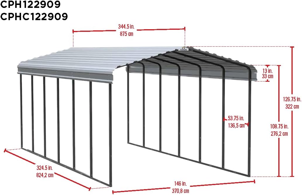 Arrow Carports Full-Size Galvanized Steel Carport Kit, Wind and Snow Rated, Corrosion-Resistant Powder-Coated Metal Frame for Vehicles, Boats, Equipment, and Storage, 12' x 29' x 9', Gunmetal