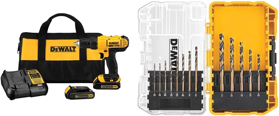 DEWALT 20V Max Cordless Drill/Driver Kit, Compact (DCD771C2) and 13-Piece Black Oxide Drill Bit Set with Pilot Point