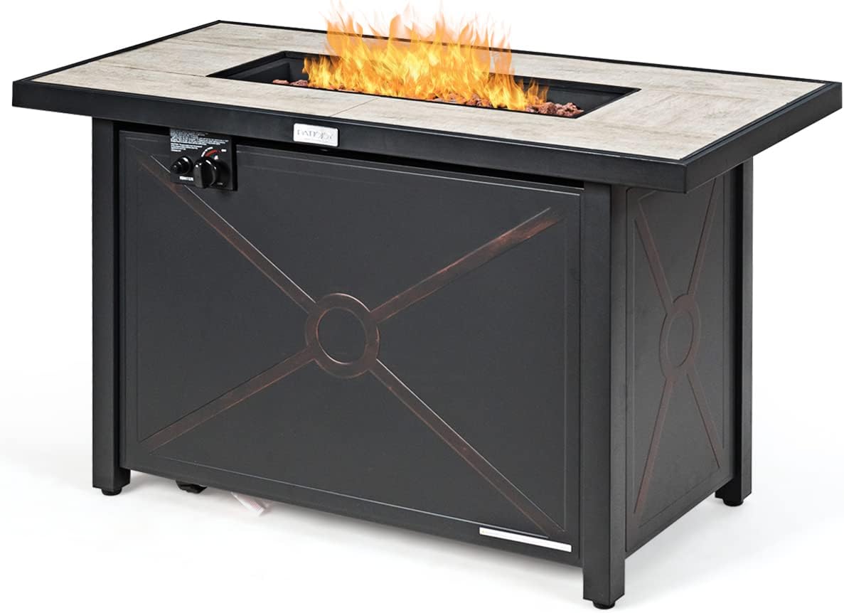 COSTWAY 42' Propane Fire Pit Table, 60,000 BTU Outdoor Rectangle Gas Fire Table W/Ceramic Tabletop, Lava Rock & PVC Cover Included, Stainless Steel Burner, Ideal for Backyard, Poolside