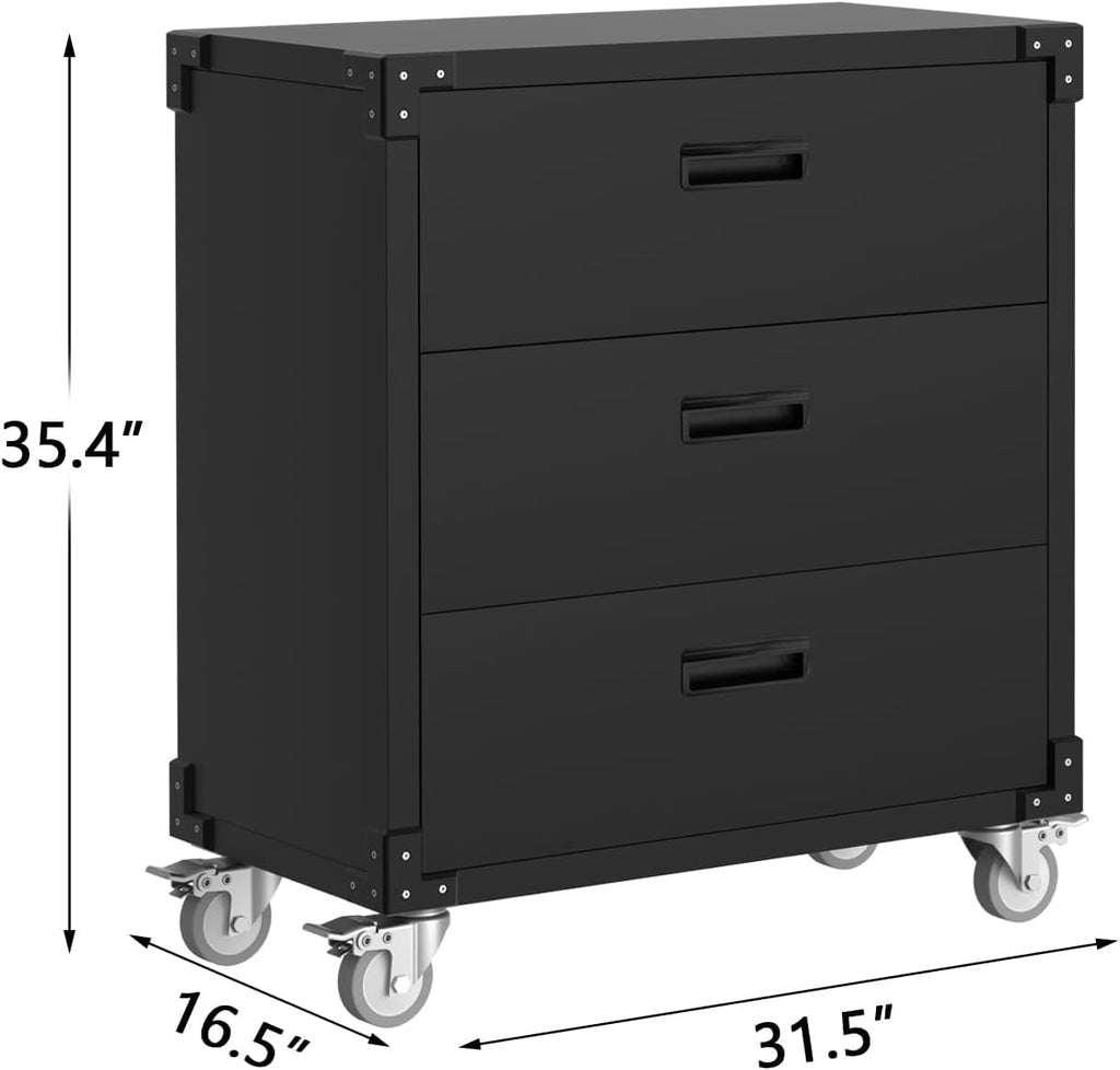 3-Drawer Rolling Tool Cabinet, Heavy Duty Metal Storage Cabinet on Wheels, Mobile Tool Chest Cart for Garage, Workshop, Warehouse, Office, Basement, Black, 31.5'W x 16.5'D x 35.4'H, Assembly Required