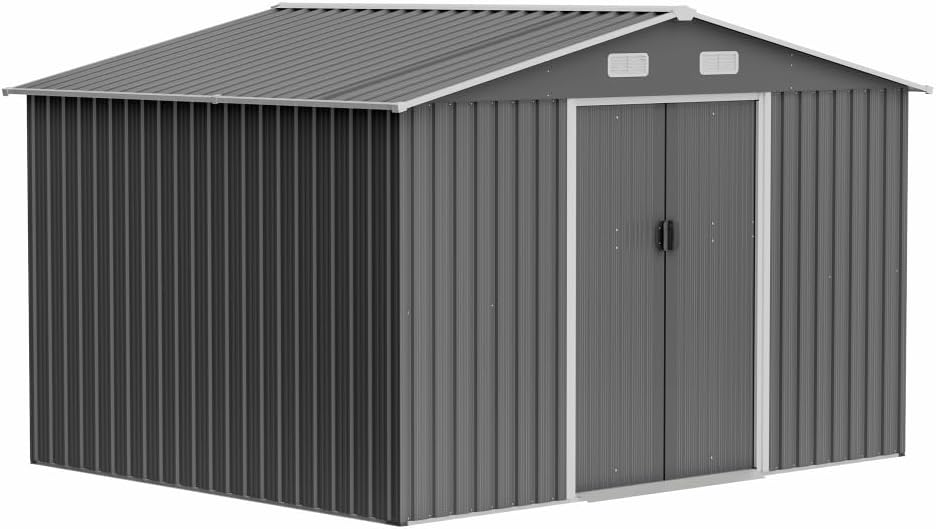 Large Outdoor Storage Shed 10x12 FT, Heavy-Duty Metal Garden Tool Organizer with Lockable Doors and Weather-Resistant Roof for Backyard (10x8 ft Grey-1)