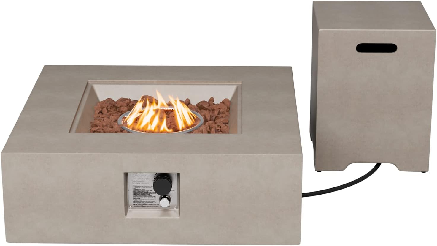 COSIEST 2-Piece Outdoor Propane Fire Pit Table Set w Tank, Gray Faux Stone 35 inch Square Fire Table w 50,000 BTU Stainless Steel Burner, w Metal Lid 20lb Hideway Tank for Garden, Porch