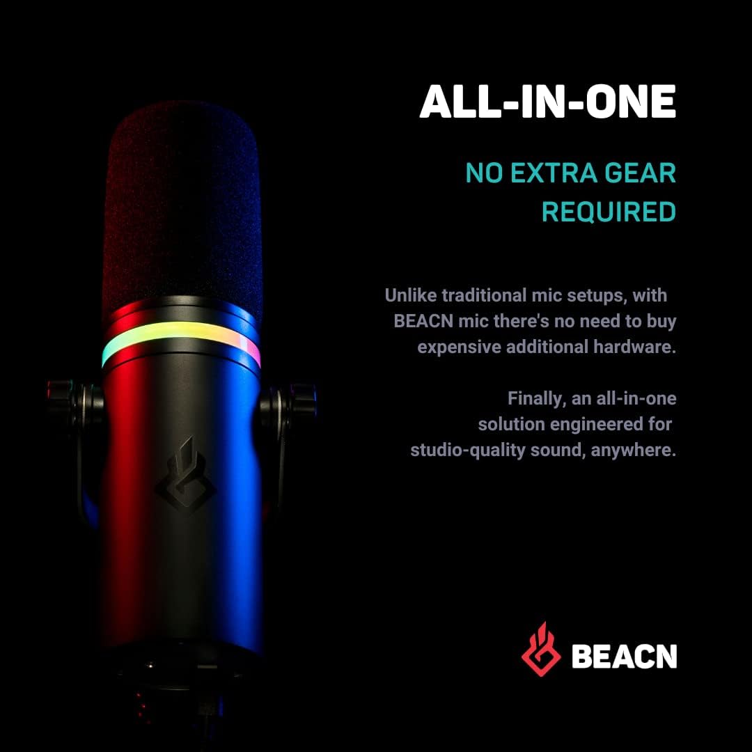 BEACN Dark Dynamic USB Microphone for PC & Gaming – Broadcast-Grade Streaming, Podcast & YouTube Mic with RGB Lighting, Noise Rejection & Headphone Monitoring – USB C Mic for Twitch & Recording