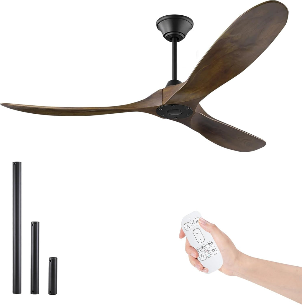 52 Inch Wood Ceiling Fan no Light, Indoor Outdoor Ceiling Fans for Patios without Lights with Remote, 3 Blades Walnut Ceiling Fan with Reversible DC Motor for Farmhouse Gazebo Porch Home