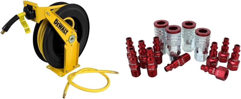 DeWalt DXCM024-0343 Double Arm Hose Reel with 3/8' x 50' Premium Rubber Hose & ColorFit by Milton Coupler & Plug Kit - (M-Style, Red) - 1/4' NPT, (14-Piece) - S-314MKIT