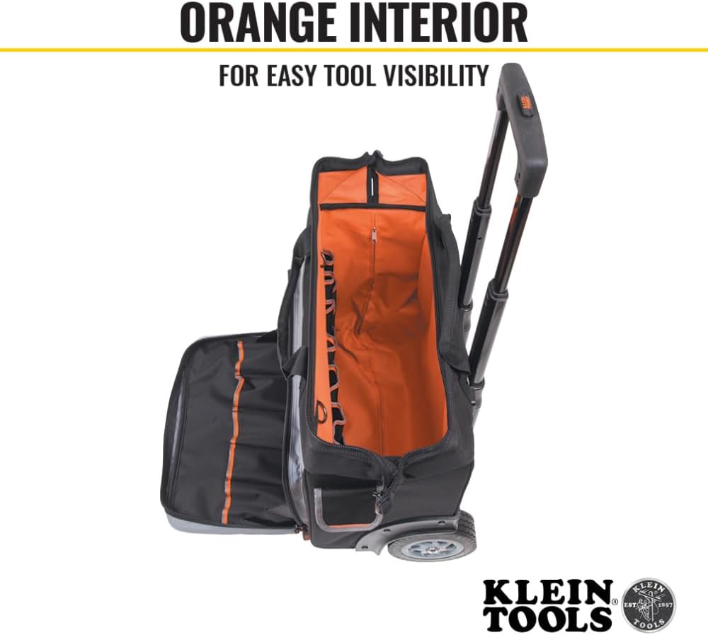 Klein Tools 55452RTB Tool Bag, Water Resistant Tool Storage Organizer Rolls on Rugged 6-Inch Wheels, 24 Pockets, Load Tested to 200-Pound