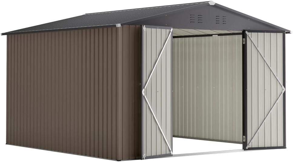 Large Outdoor Storage Shed 10x12 FT, Heavy-Duty Metal Garden Tool Organizer with Lockable Doors and Weather-Resistant Roof for Backyard (10x10 ft Brown)