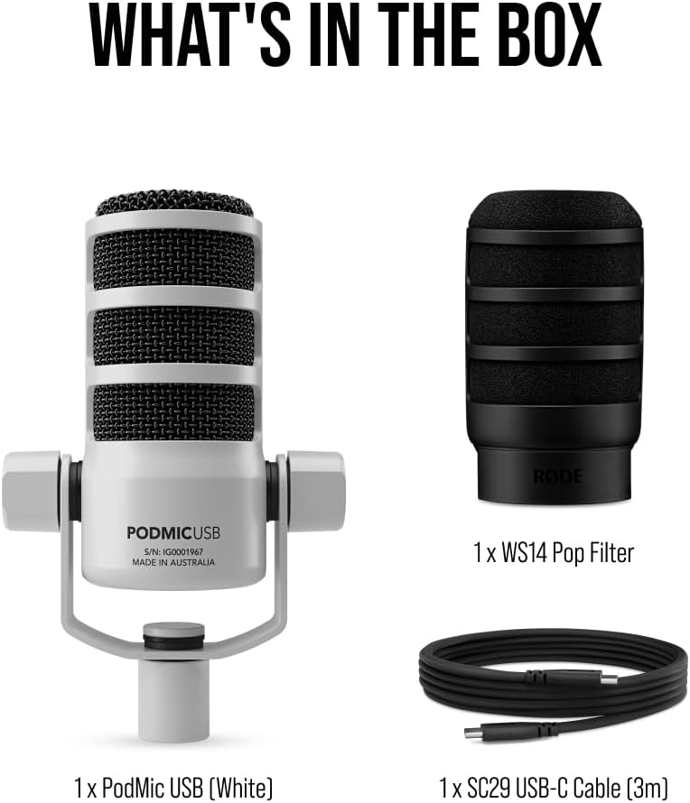 RØDE PodMic USB Dynamic Broadcast Microphone with XLR and USB Connectivity for Podcasting, Streaming and Content Creation (White)