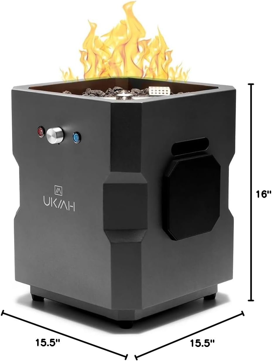 Ukiah TK-1044-T2BLK Portable Fire Pit, 15-1/4 in OAW, 15-1/4 in OAD, 16 in OAH, Propane, Piezo Ignition, Steel
