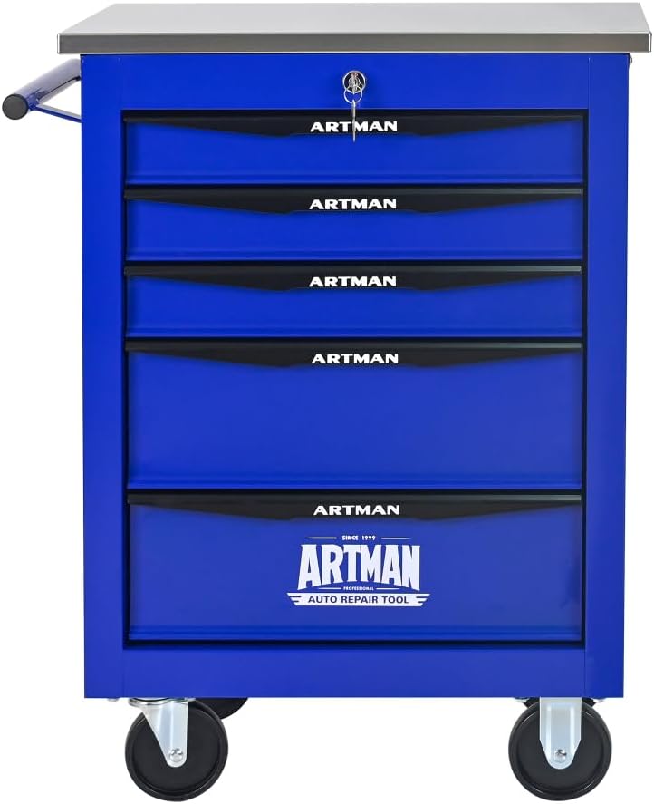 5 Drawers Multifunctional Tool Cart with Wheels,Metal Rolling Tool Cart Storage for Garage Workshop Warehouse Repair Shop-with Stainless Steel Roof- Black&Blue