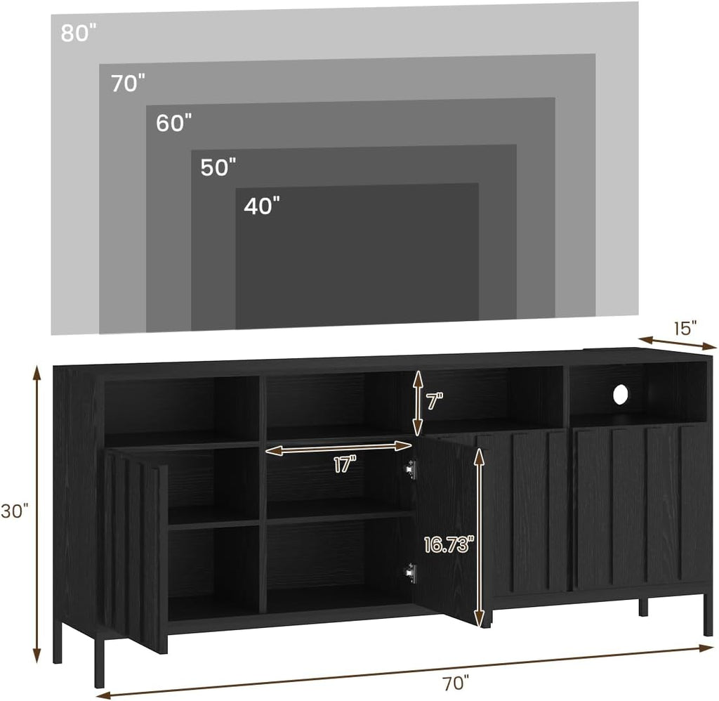 COCO DESIGN 70' Fluted TV Stand with Power Outlet for TVs up to 80', Modern Entertainment Center with Adjustable Shelves, Media Console Table with Storage for Living Room, Black