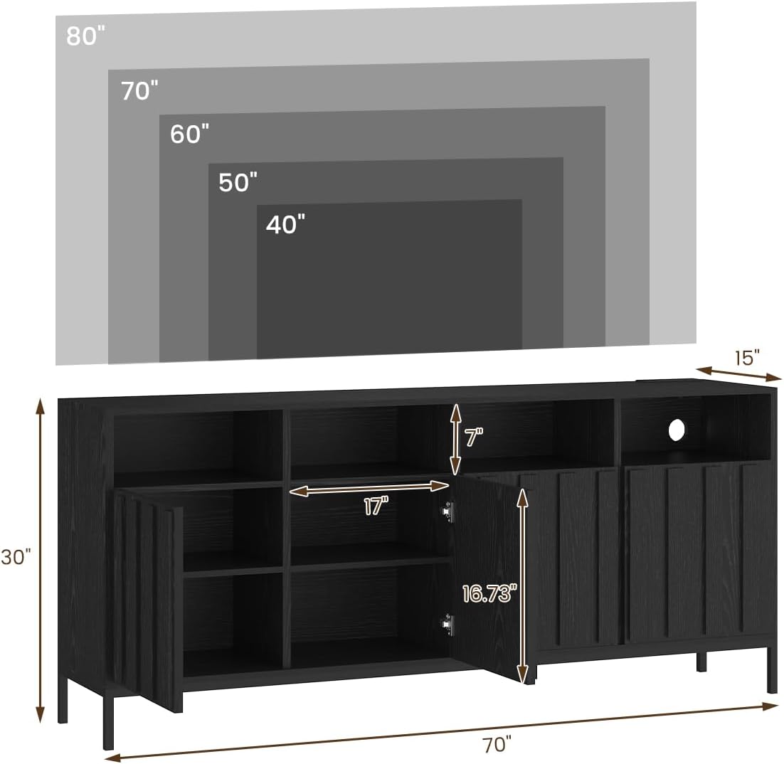 COCO DESIGN 70' Fluted TV Stand with Power Outlet for TVs up to 80', Modern Entertainment Center with Adjustable Shelves, Media Console Table with Storage for Living Room, Black