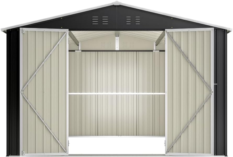 Large Outdoor Storage Shed 10x12 FT, Heavy-Duty Metal Garden Tool Organizer with Lockable Doors and Weather-Resistant Roof for Backyard (10x12 ft Grey)