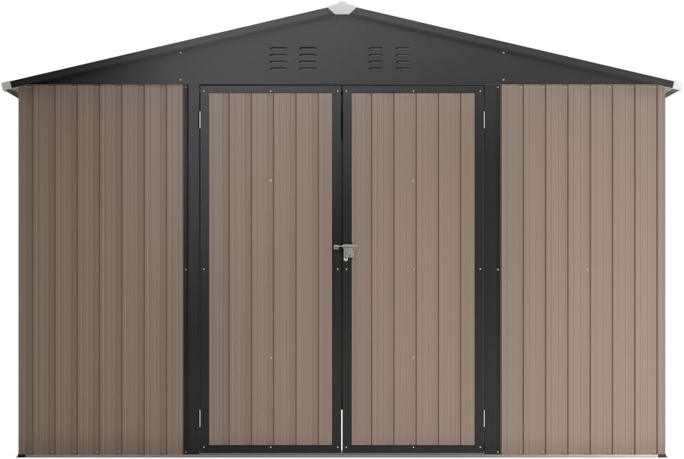 Large Outdoor Storage Shed 10x12 FT, Heavy-Duty Metal Garden Tool Organizer with Lockable Doors and Weather-Resistant Roof for Backyard (10x10 ft Brown)