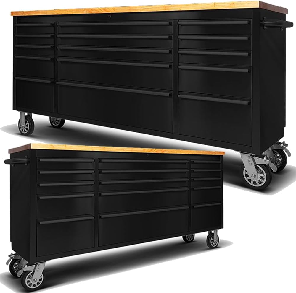 2 Pack - 72' Rolling Tool Chest with 15 Drawers, Black Mobile Workbench, Assembled Large Tool Box Lockable Storage Cabinet with Wheels for Garage Workshop (2 × HTC7215PC-1)