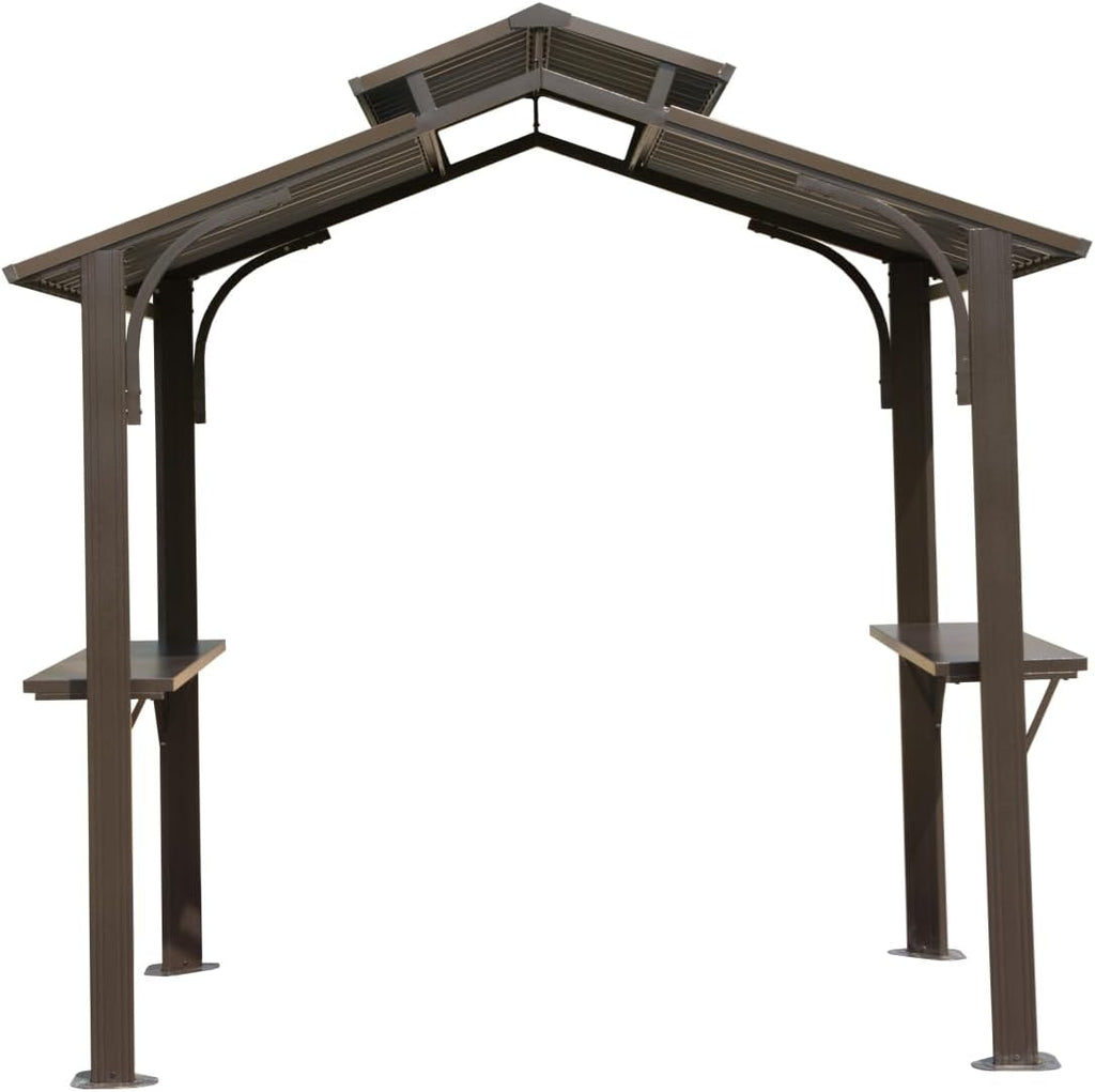 【LuckyNote】8×5FT Hardtop Grill Gazebo, Outdoor BBQ Gazebo w/Galvanized Steel Double Roof, Permanent Sun Shade Grill Canopy Shelter with 2 Side Shelves and Ceiling Hook for Patio Deck,2 parcels (Brown)