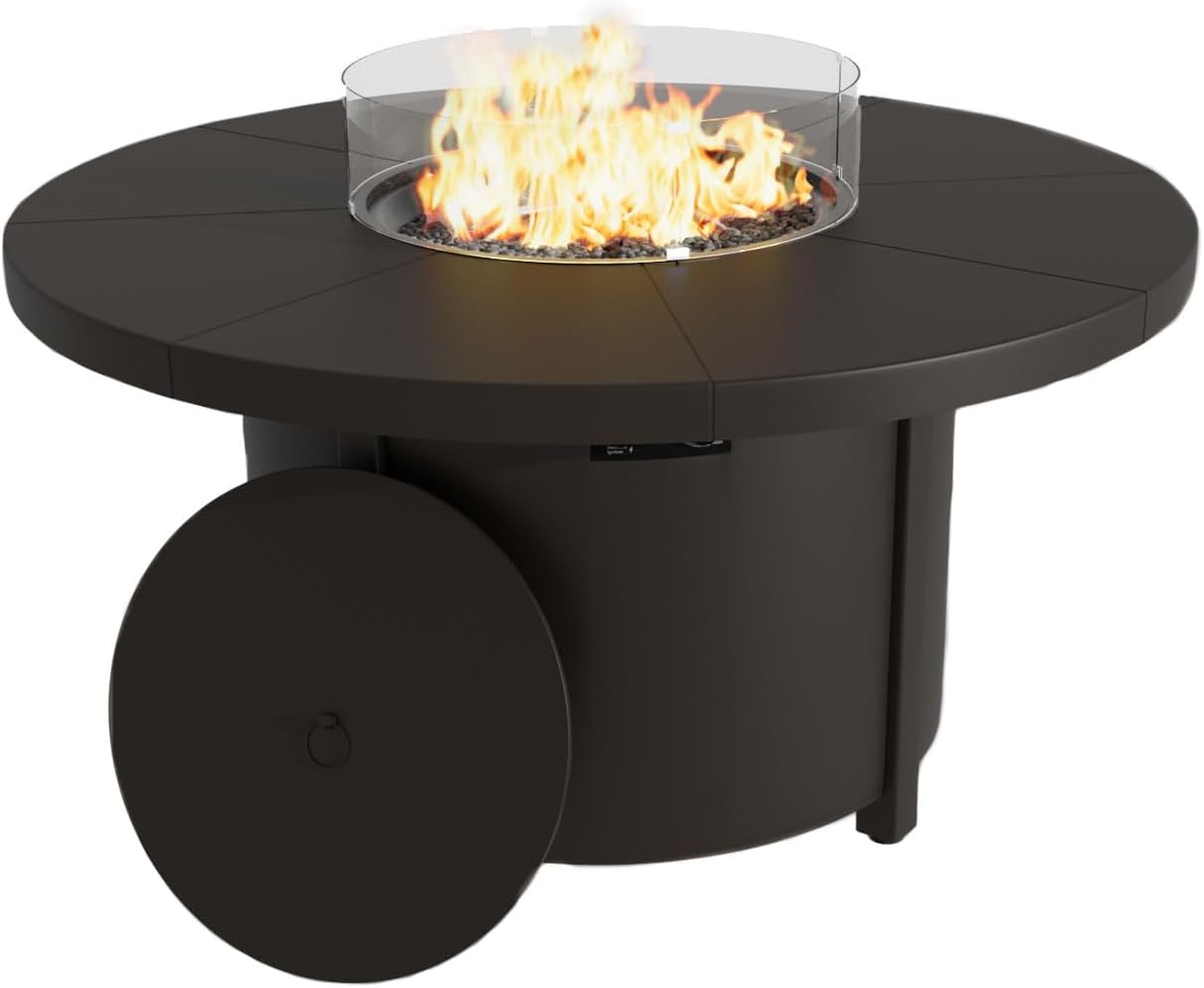 48' Round Propane Fire Pit,Steel Tabletop Fire Pit w Lava Rocks,55000 BTU Auto-Ignition CSA Certified Gas Fire Pits with Lid & Windproof Glass for Outdoor,Patio,Backyard